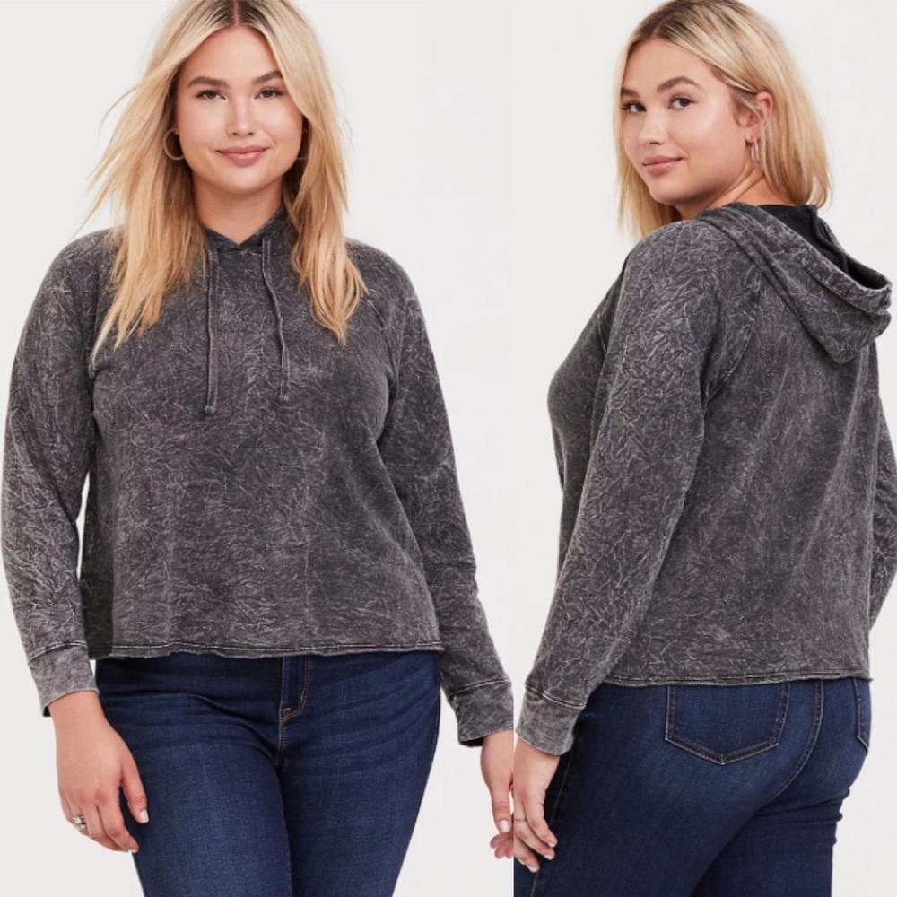 Torrid Mineral Washed Midi Raw Hem Hooded Sweatshirt Black 0 L 12